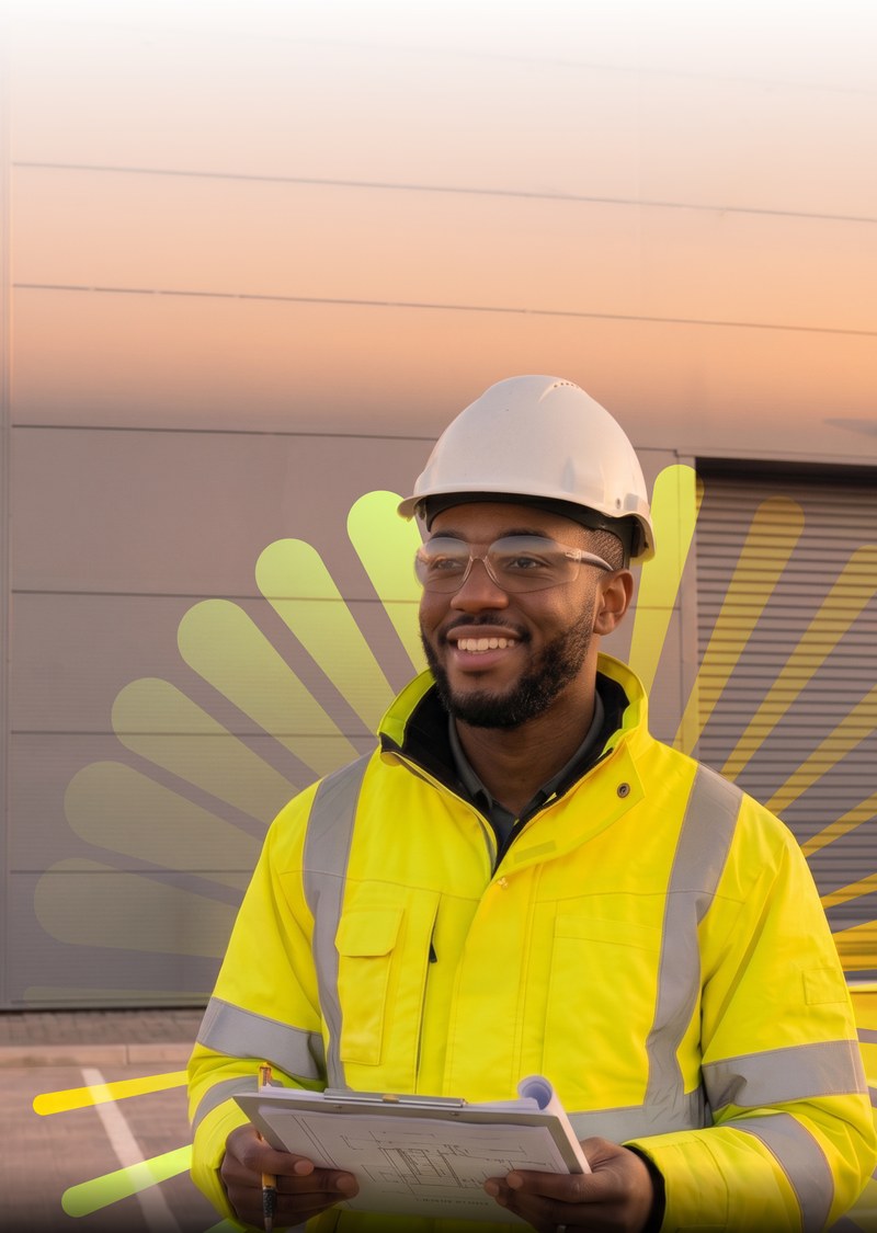 A smiling warehouse operative in a white hard hat, safety glasses and a high-visibility jacket, holding a clipboard in front of a loading bay at sunset, with the Sunrise rays fanning out behind him